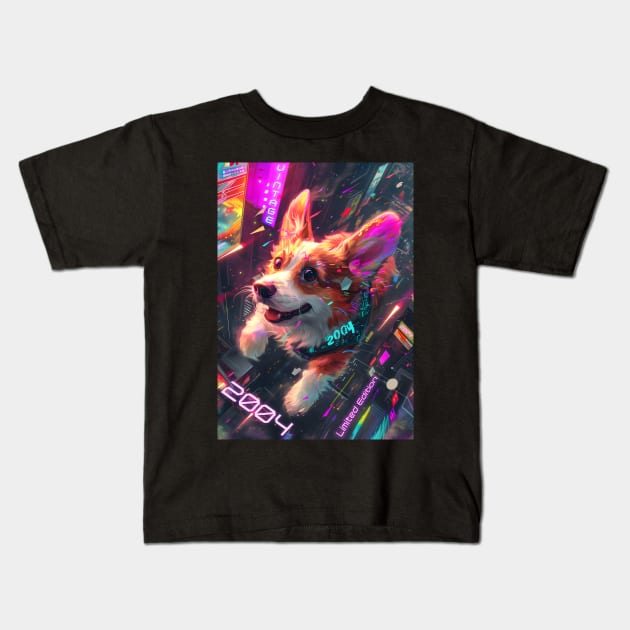 Vintage 2004 - Cyberpunk 20 Year Old Funny Corgi Dog 20th Birthday Kids T-Shirt by Ai Wanderer